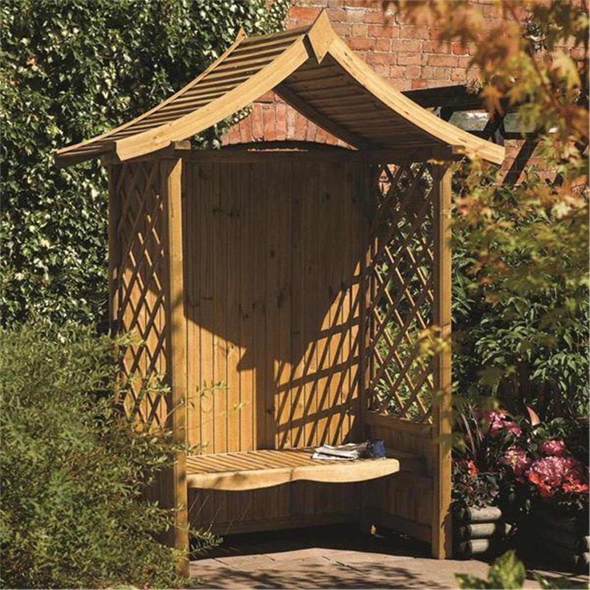 Pressure Treated Arbour with Open Lattice Sides and Solid Seat